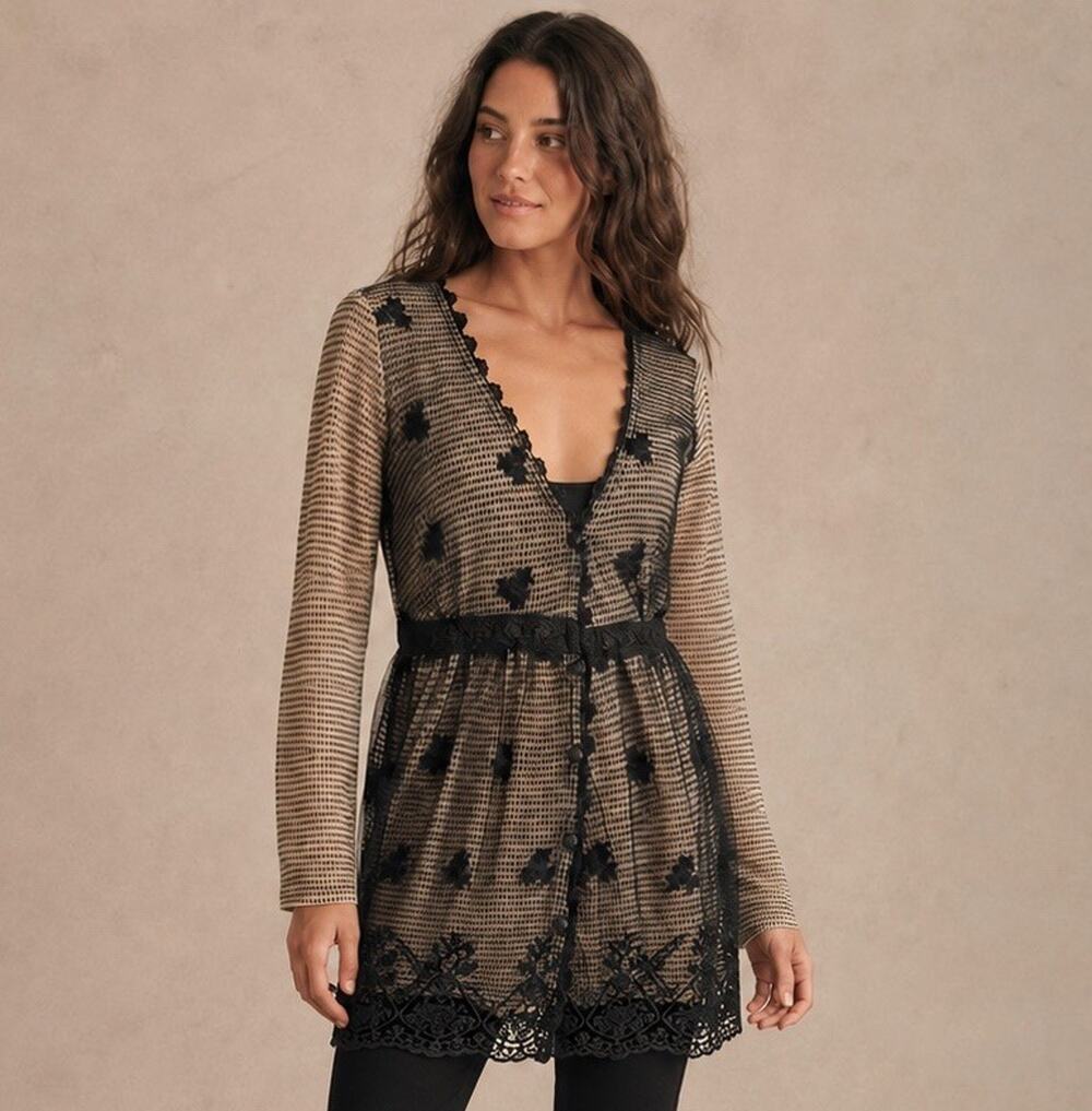 A’reve Cardigan Medium Metallic Black Lace Button Up Babydoll Boho Whimsigoth